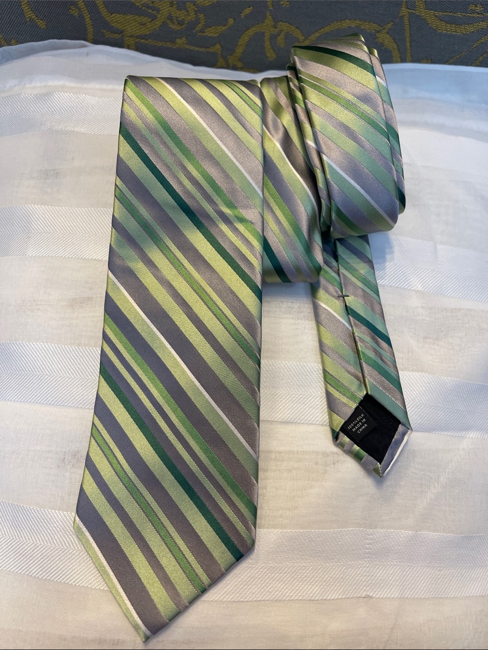 Striped Green and Gray Men's Tie — Classic Silky Finish